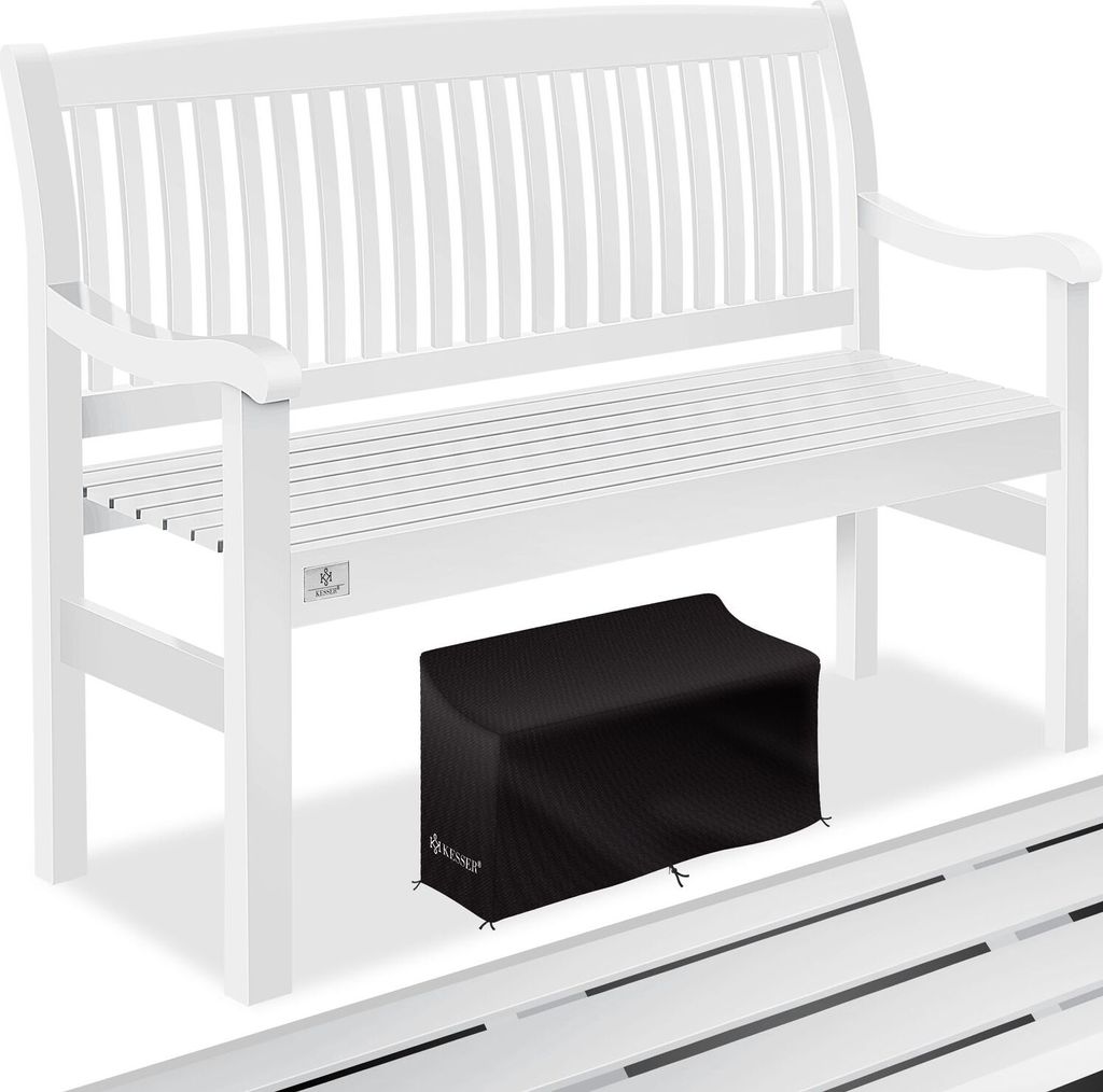 A white wooden garden bench with a black cover underneath.