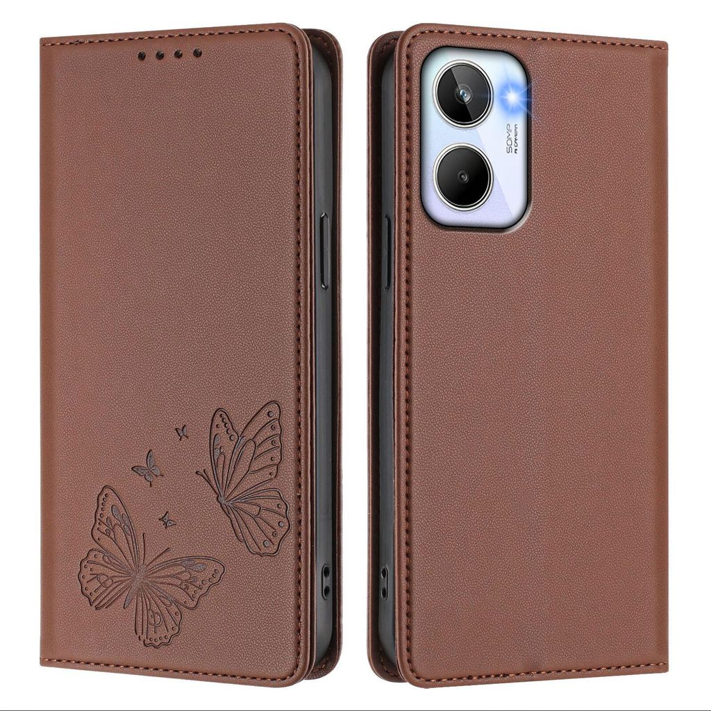 Lederhülle für Realme 10 4G, Schmetterling Prägung Leder Brieftasche Schutzhülle mit Ständer Braun