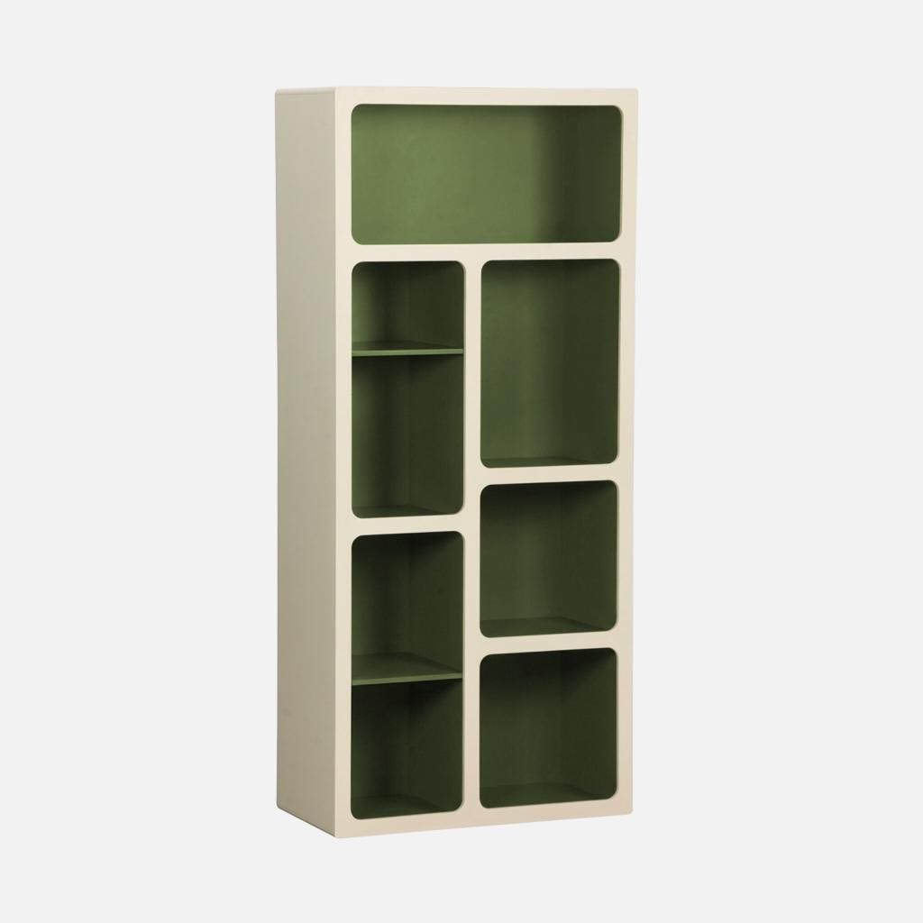 sweeek - Organisches Bücherregal mit zweifarbigem Holzdekor, 8 Fächer - Khaki