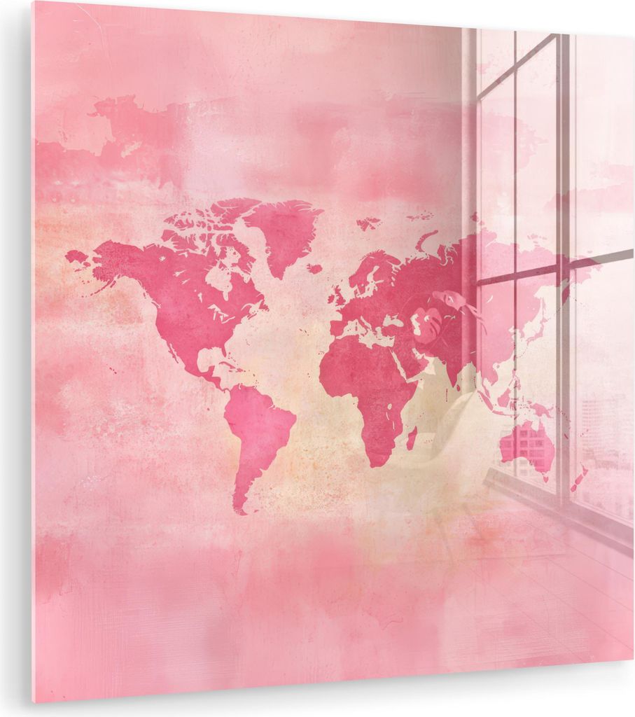 MuchoWow Glasbilder - Bilder auf Wandbild - Foto auf Glas Weltkarte - Rosa - Unscharf 20x20 cm Wanddekoration aus Glas - Acrylglasbild - Acrylbilde...