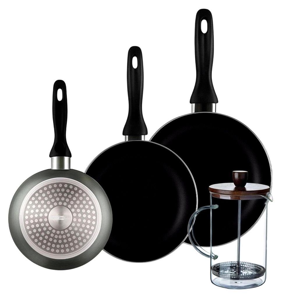 Well Home Set mit 3 Pfannen, Ø 16 x 20 x 24 cm, aus gepresstem Aluminium in grau-metallic und Kaffeebereiter aus Borosilikatglas, 15,8 x 10 x 18,8 cm