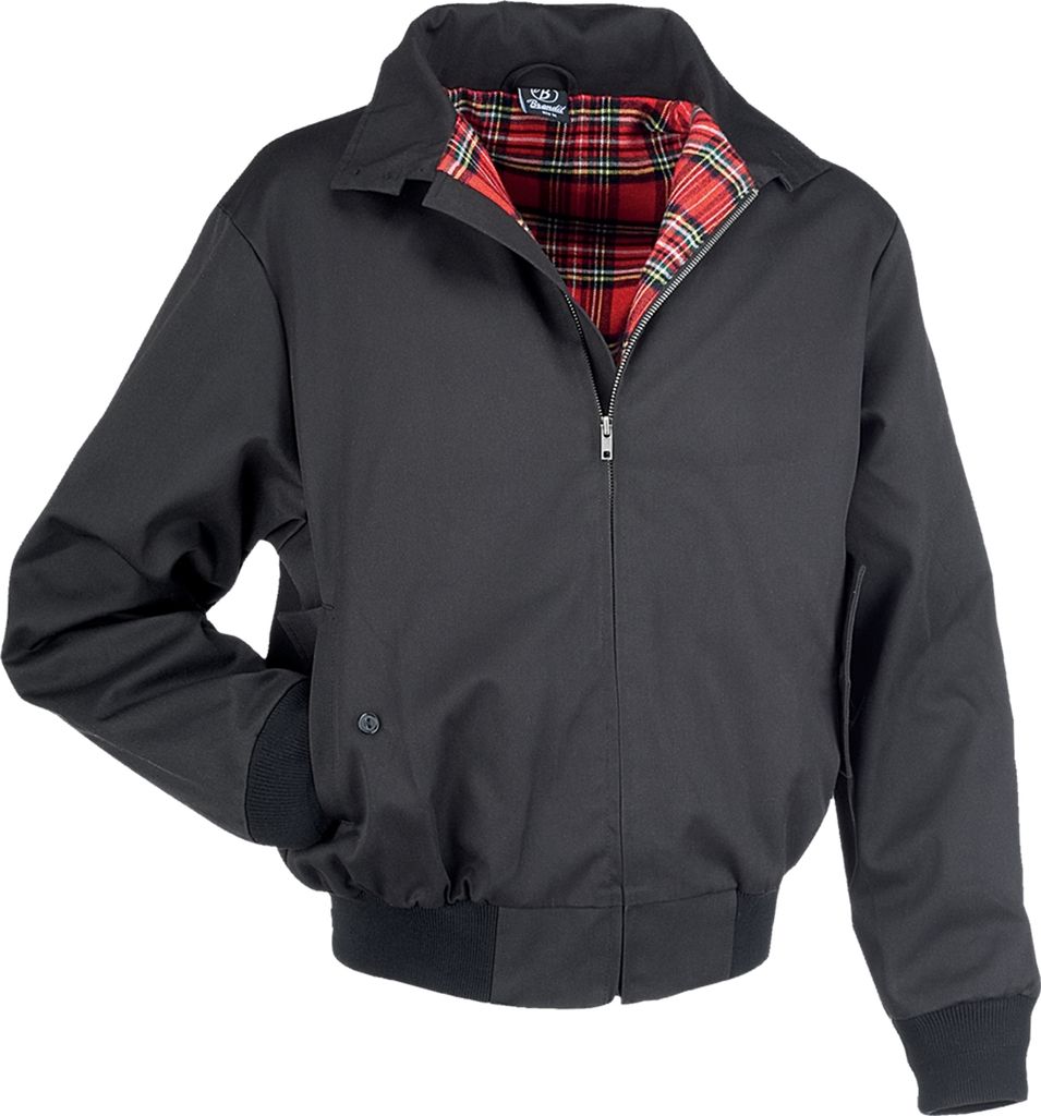 A black jacket with a red plaid lining is shown against a white background.