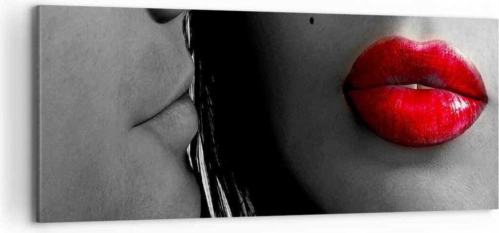 Bild auf Leinwand - Leinwandbild - Rote Lippen dunkles Haar Modell Liebe - 100x40cm - Wand Bild - Wanddeko - Leinwanddruck - Bilder - Kunstdruck - ...