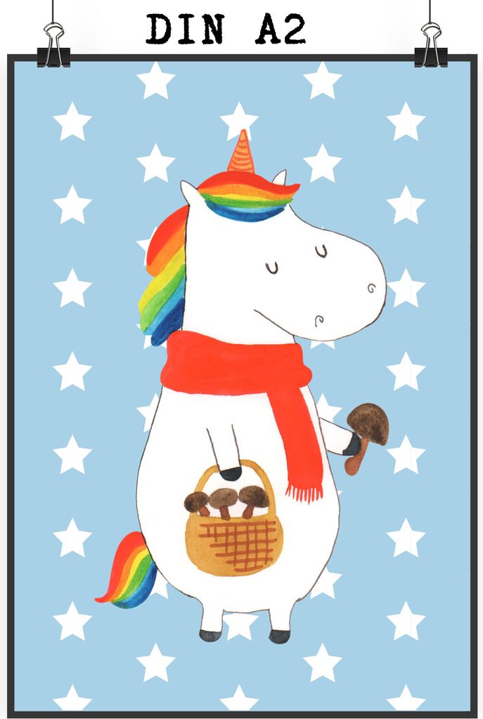 Mr. & Mrs. Panda Bild Einhorn Pilz DIN A2 - Blau Pastell - Geschenk, Liebeskummer, Einhörner, Pilze, Motivation, drucke, Kunstdruck, Unicorn, Wand...