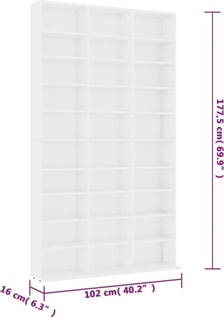 vidaXL Skriňa na CD biela 102x16x177,5 cm Materiál drevo Obrázok produktu 6