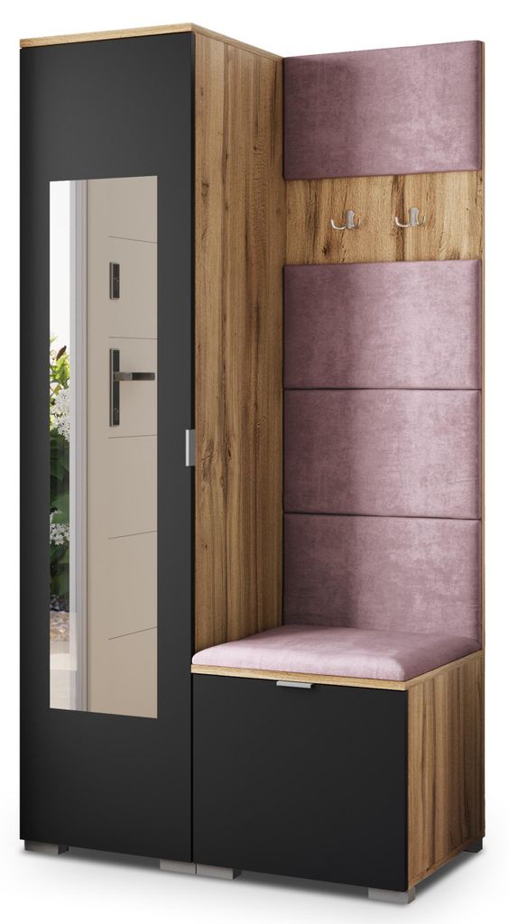 Masseno Garderobe-Set VIRA 95/181/51 cm Modern Garderobenschrank Eiche Wotan, Veloursstoff MONOLITH 62 (Lila)