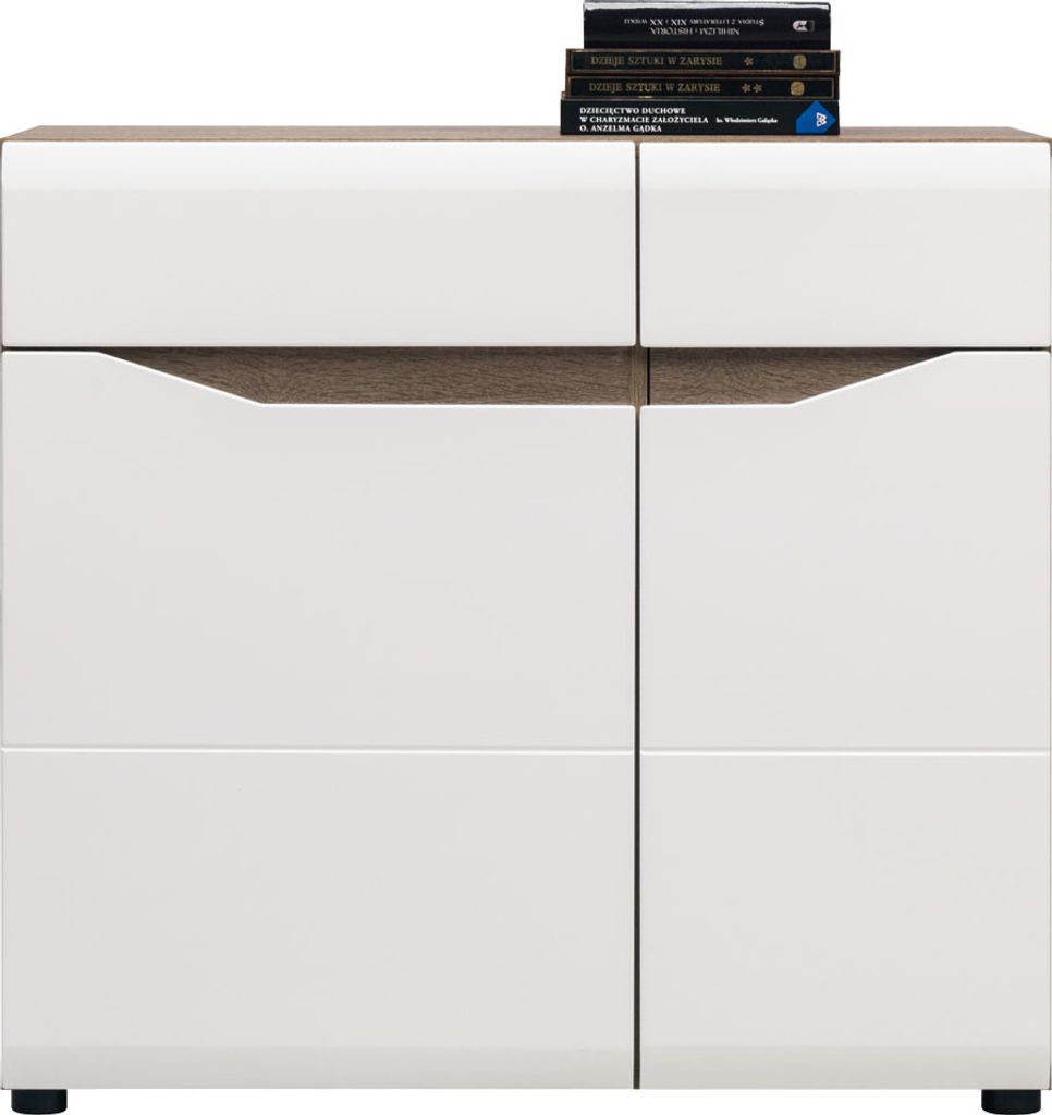 Furniture24 Kommode 90 cm LIONEL LI2 2 Türen 1 Schublade Wohnzimmerschrank Sonoma Trüffel/Weiß Glanz