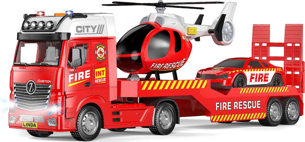 Feuerwehrwagen, Abschleppwagen und Hubschrauber mit Effekten, Set 55 cm