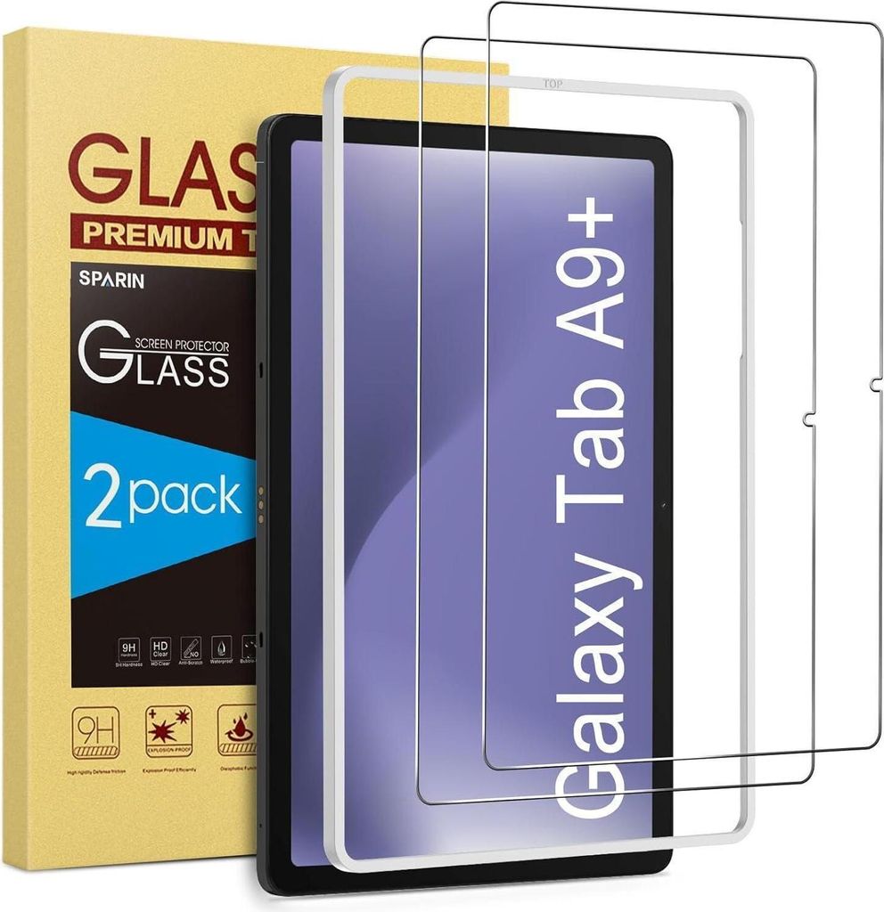 A product shot of screen protectors for a Samsung Galaxy Tab A9 Plus, with the packaging visible on the left.