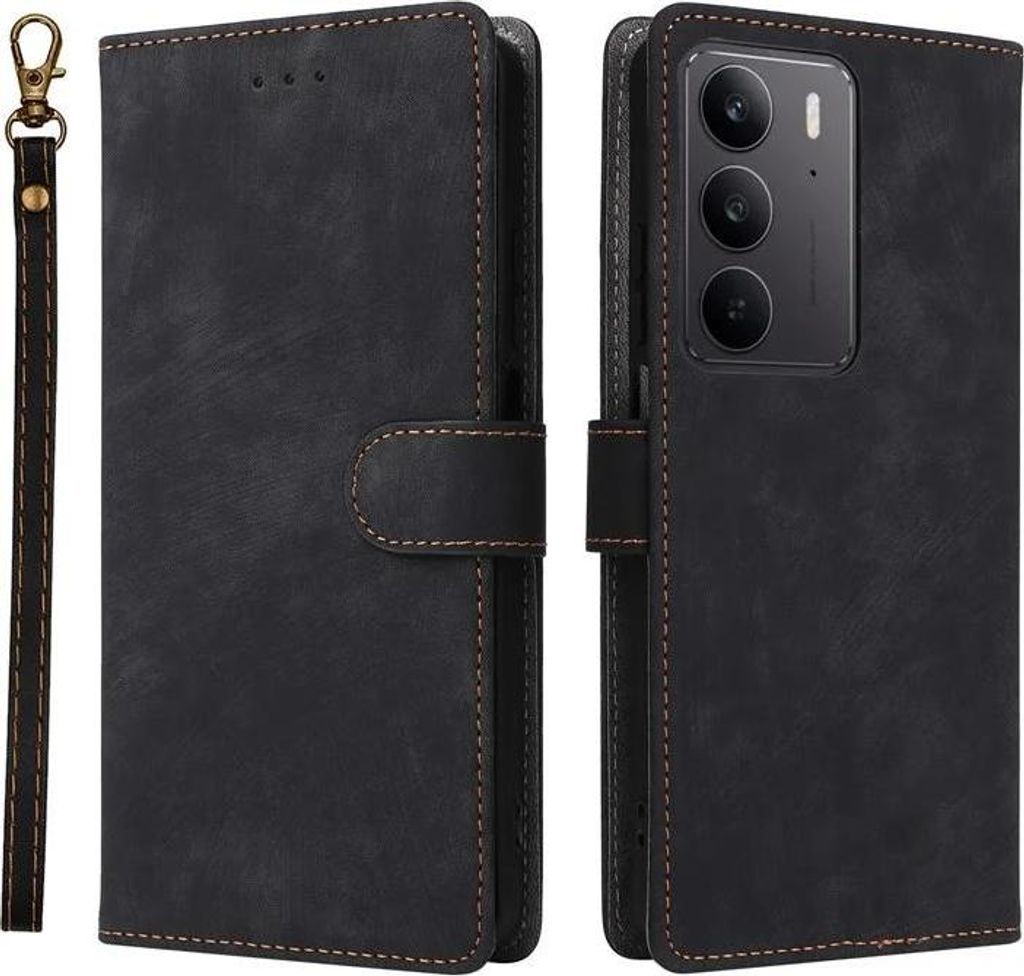Hülle für Realme 14x / C75 - Phonesta Vintage Skin Book Wallet Klapphülle mit abnehmbarer Kordel - Schwarz