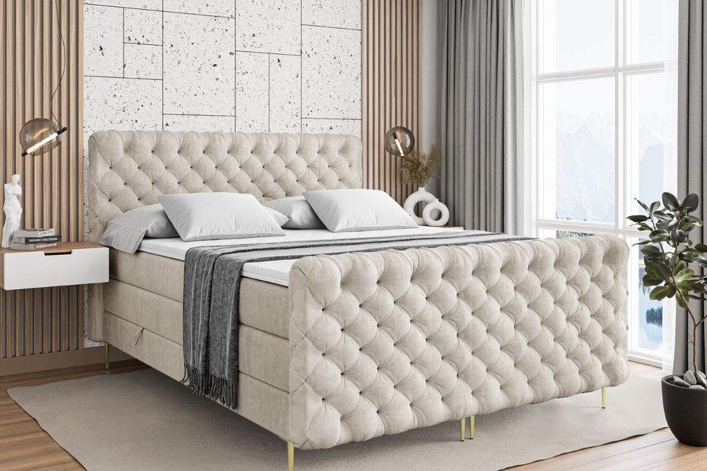 ALTDECOR Boxspringbett mit Gold Füßen, Matratze und Lattenrost, Topper, Fußteil, Polsterbett mit Bettkasten, Bett mit Stauraum H3- und H4- Matra...