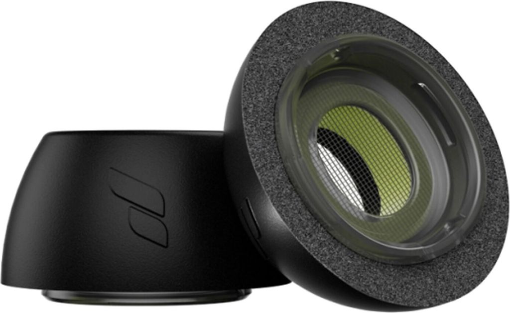Two black ear tips for earbuds, one shown from the side and the other from the front, revealing the mesh interior.