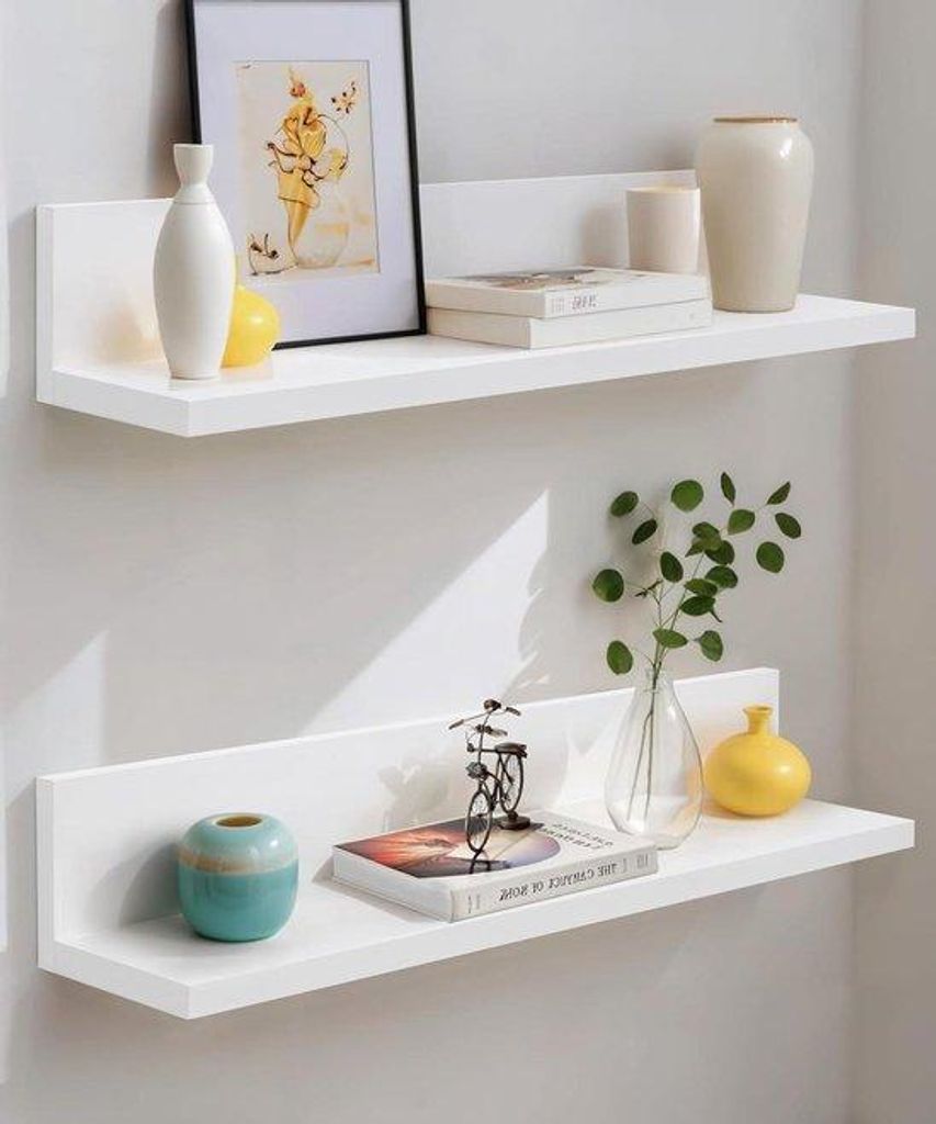 Premium Houten Planken Set 76cm Weiss - Moderne 2-teilig - Badzimmer Wohnzimmer Pflanzen Display - Eichenholz