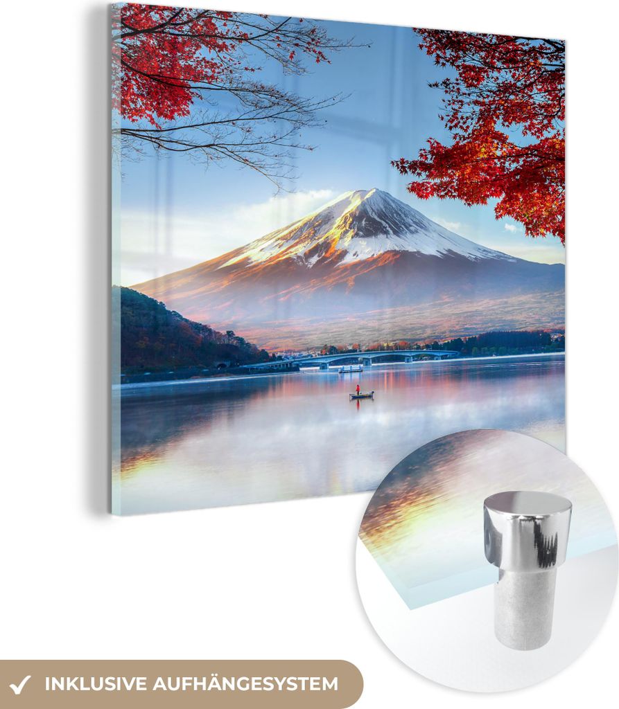 MuchoWow Glasbilder - Bilder auf Wandbild - Foto auf Glas Der japanische Berg Fuji in Asien im Herbst 50x50 cm Wanddekoration aus Glas - Acrylglasb...