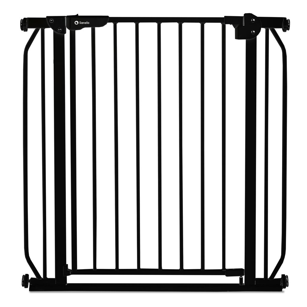 A black metal baby gate is shown against a white background.