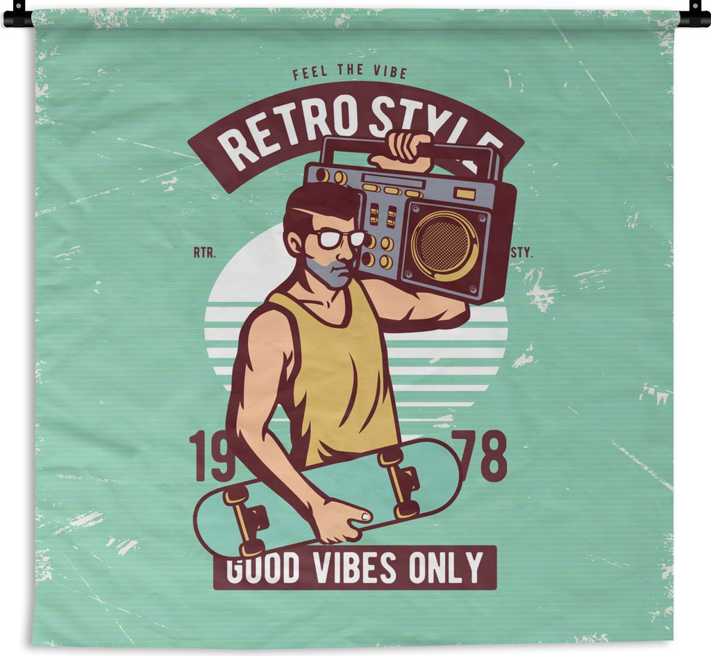 MuchoWow Wandteppich Wandbehang Radio - Mann - Skateboard - Retro 150x150 cm Tapisserie Dekoration Wandtuch - Wohnaccessoires - Modernes