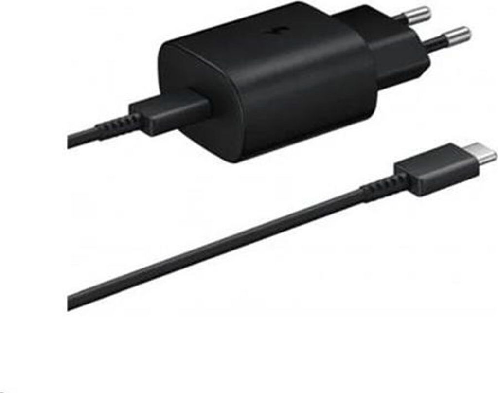 A black Samsung fast charger with a USB-C cable against a white background.
