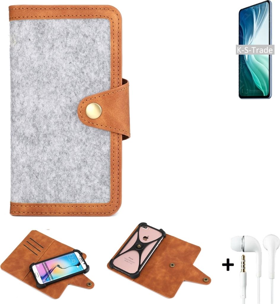 K-S-Trade Handyhülle + Kopfhörer kompatibel mit Xiaomi Mi 11i Schutzhülle Filz Hülle Kunstleder hellgrau braun (1x)