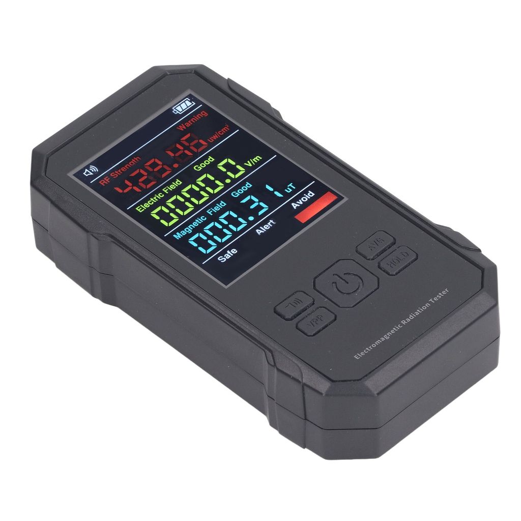 A handheld electromagnetic radiation tester device shown from a diagonal angle against a white background.