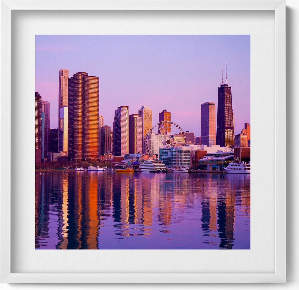 Blick auf US-Wolkenkratzer– Wandbild mit Rahmen – Gerahmtes Bild – Wanddekoration – 50x50 cm – Weiß Rahmen