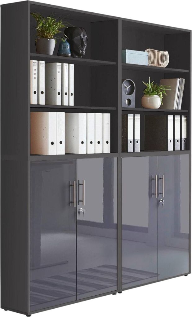 Aktenschrank TABOR 11 in anthrazit / anthrazit Hochglanz, Schrankwand, Büroschrank, abschließbar, Metallgriffe