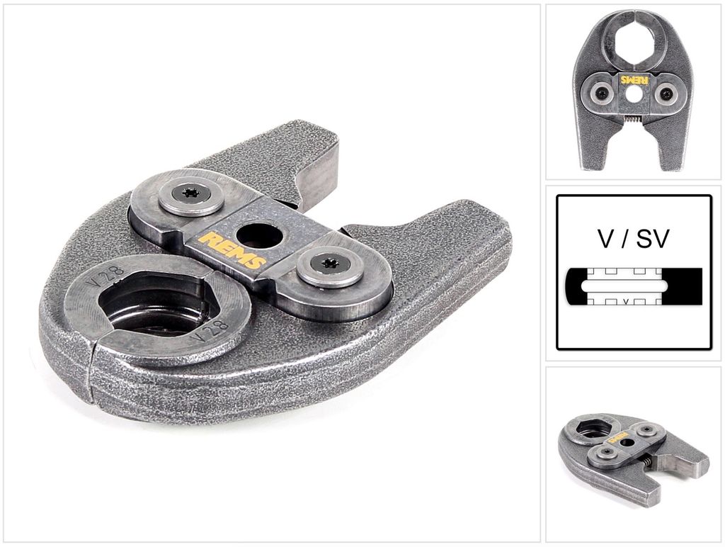 A close-up view of a metal tool, likely a press jaw, with a white background. There are also smaller inset images showing the tool from different angles and a diagram.