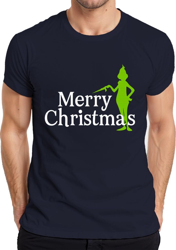Merry Christmas grüne Silhouette weihnachtlich lustig Grinch Herren T-Shirt, Navy, L