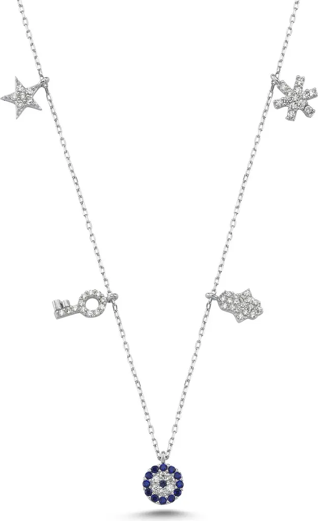 Collier porte-bonheur en argent 925 avec 5 pendentifs symboliques fins