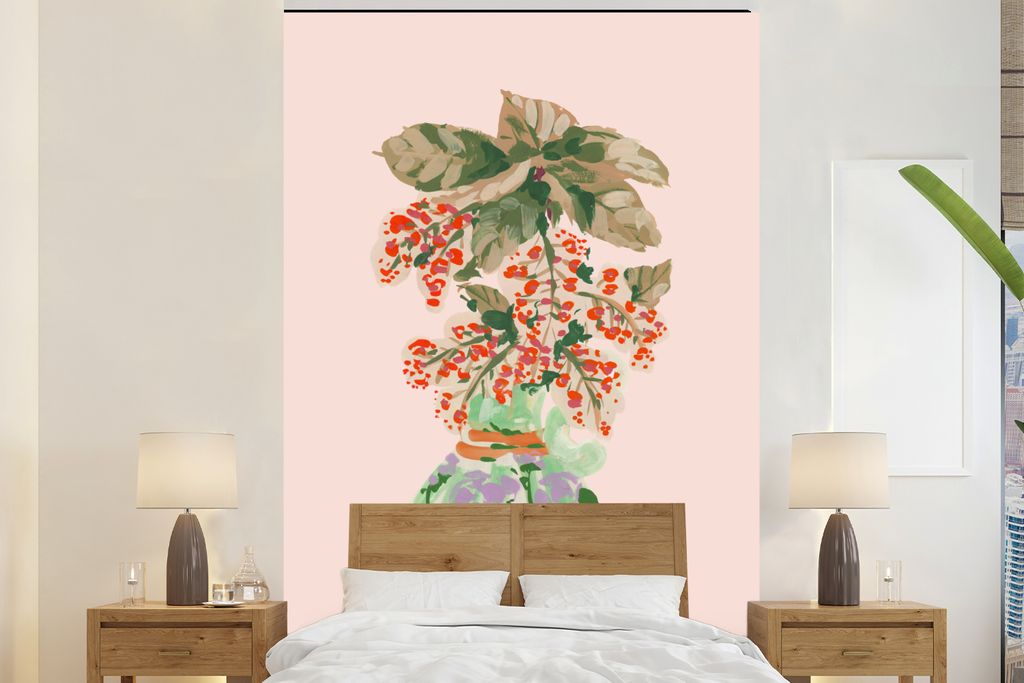 MuchoWow Fototapete für Wohnzimmer oder Schlafzimmer Wandtapete Vinyl Motivtapete Blumen - Vase - Pflanzen - Pastell - 170x260 cm - Wohnzimmerta...