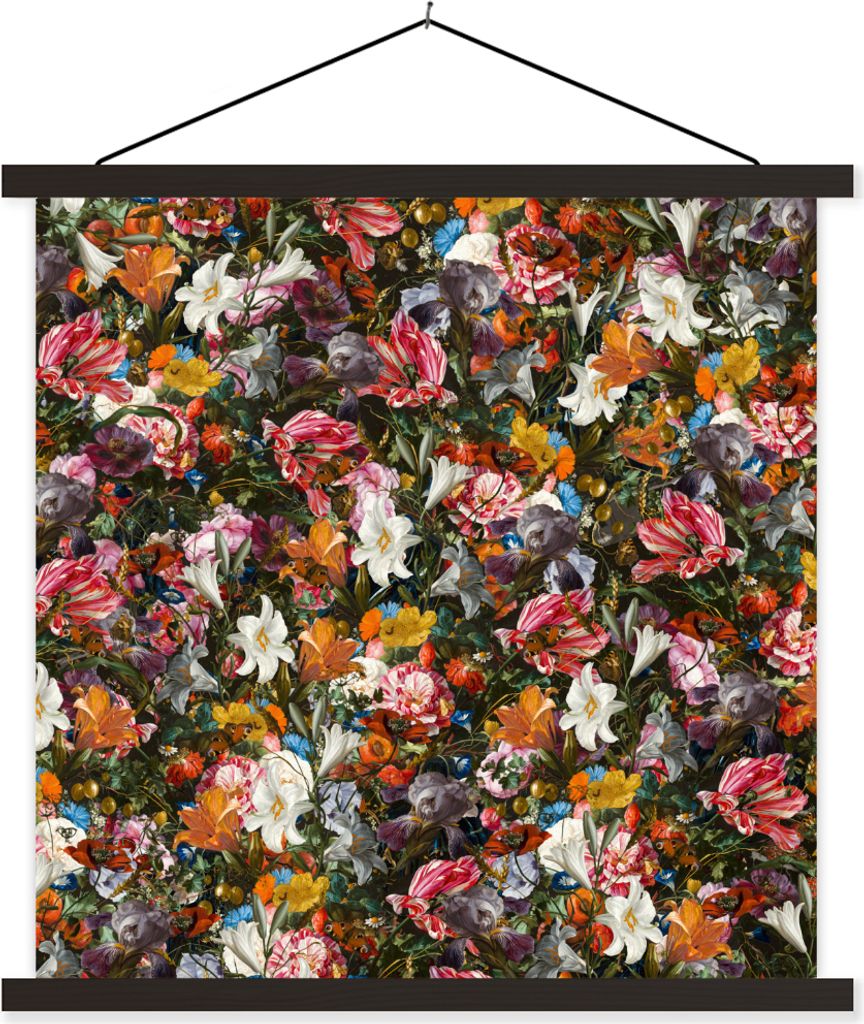 MuchoWow Textilposter Blumen - Schmetterling - Design - Kunst - Abstrakt - Malerei - Alte Meister 90x90 cm mit schwarzem Rahmen - Magnetisches