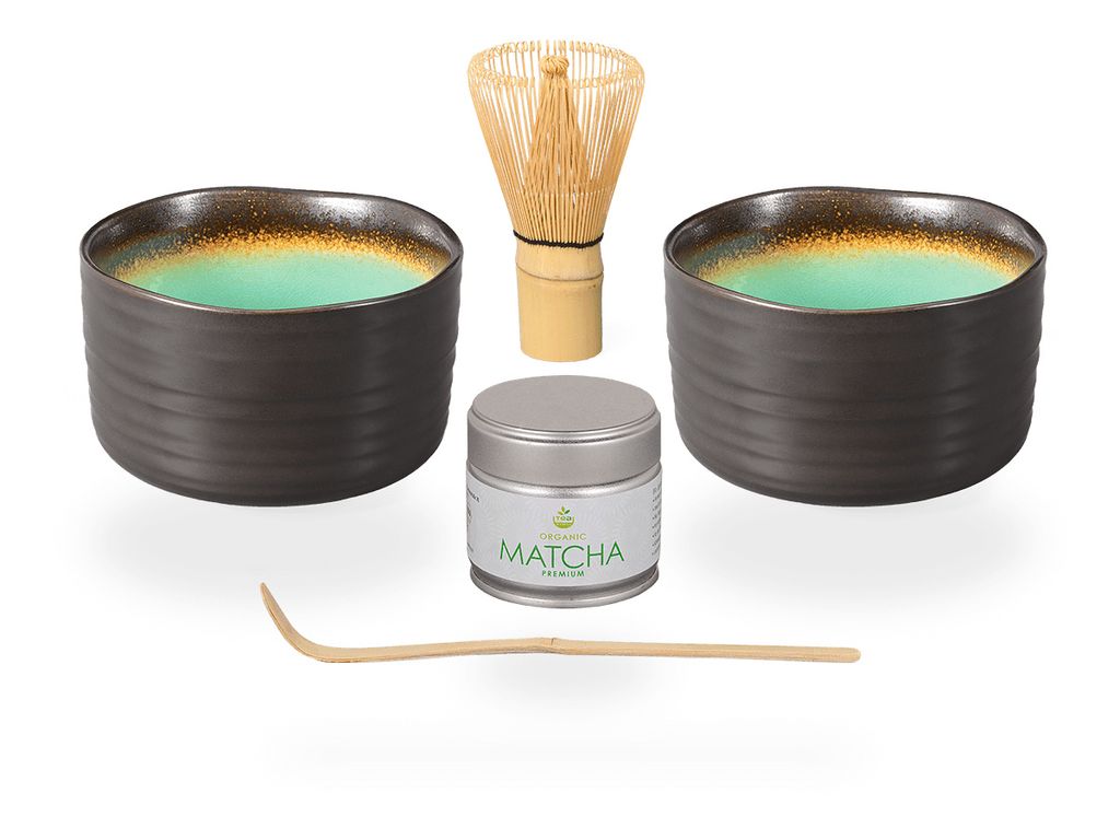 Matcha Set / Matchaset / 2x Matcha Schale 500ml anthrazit/türkis, mit Besen/Löffel und Tee