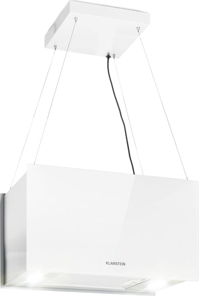 A white island range hood suspended from the ceiling by wires.
