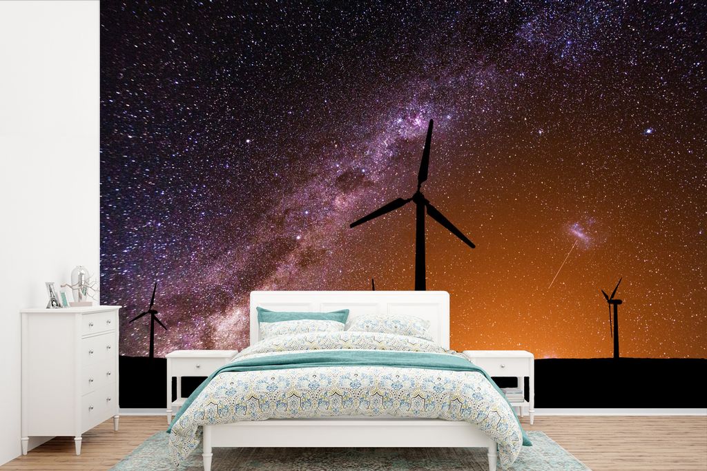 MuchoWow Fototapete für Wohnzimmer oder Schlafzimmer Wandtapete Vinyl Motivtapete Windmühlen vor einem wunderschönen Sternenhimmel - 600x400 c...