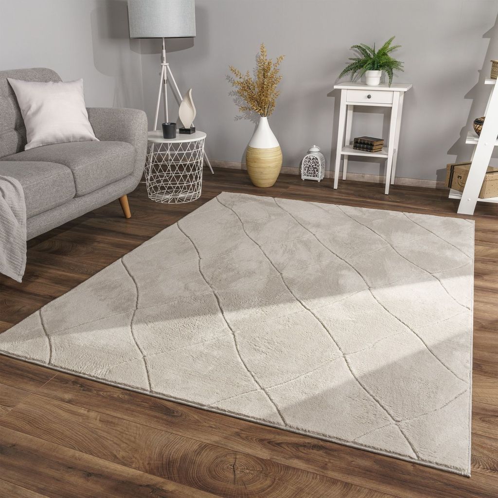 TT Home Wohnzimmer Teppich Esszimmer Kurzflor Skandi Design Rauten Deko 3D Weich Größe 60x100 cm