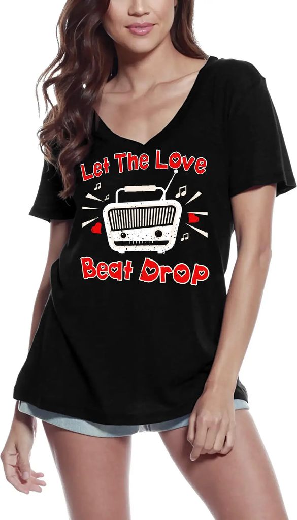 Damen Grafik T-Shirt V-Ausschnitt Let The Love Beat Drop Valentine Music Öko-Verantwortlich Vintage Jahrgang Kurzarm Lustige Druck Geburtstag Gesc...