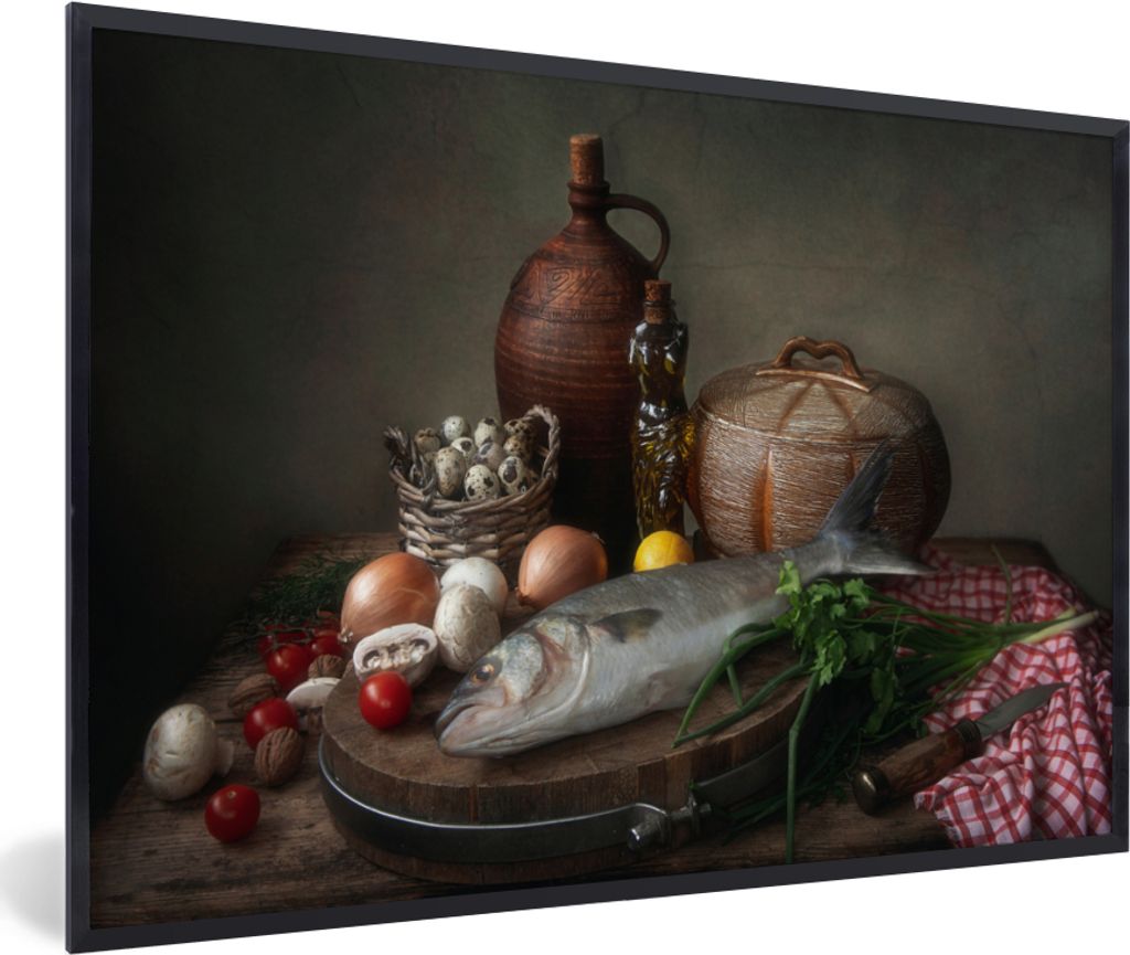 MuchoWow Gerahmtes Poster Rustikal - Fisch - Stilleben - Gemüse - Kräuter 60x40 cm - Poster mit Schwarzem Bilderrahmen Wandposter Rahmen Foto B...