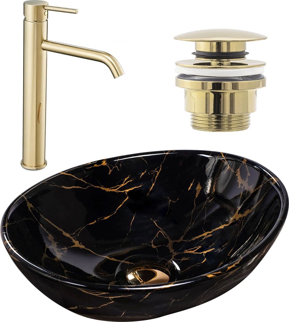 A bathroom sink set including a faucet, drain stopper, and a marble-patterned sink.