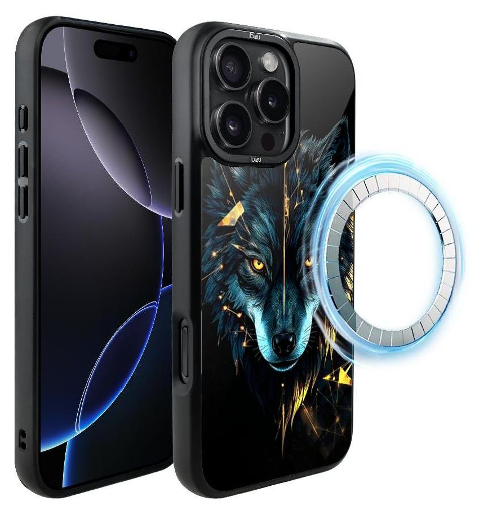 Schutzhülle für das iPhone 16 Pro, MagSafe-kompatibel, mattschwarze Seiten, Wolf, blau mit Gold