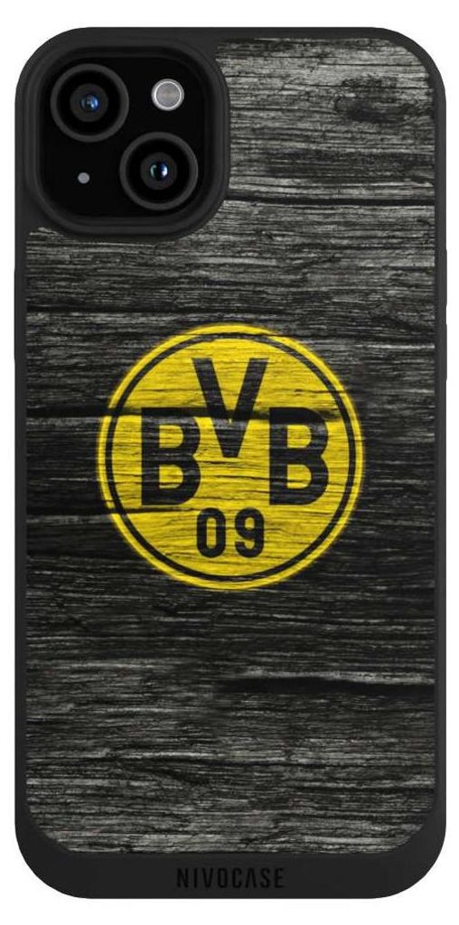 NIVOCASE Handyhülle für Apple iPhone 15 Plus Hülle NIVOpure Case Schwarz BVB Borussia Dortmund Holzoptik