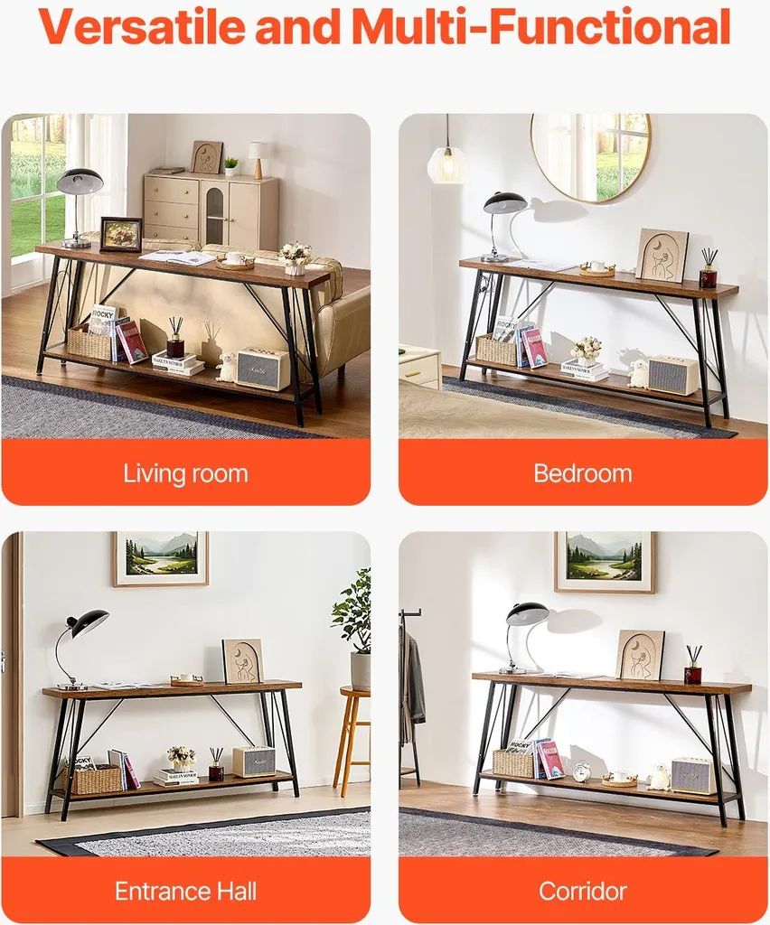 Table console 180 cm étroite à deux niveaux et structure métallique noire
