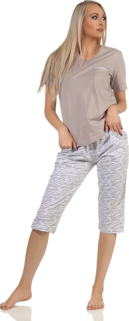 Lässiger Damen kurzarm Pyjama, Capri-Pyjamahose im eleganten Zebra-Muster – 112 204 90 444 ; grau , 36