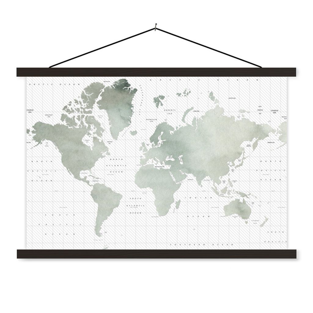 MuchoWow Textilposter Weltkarte - Aquarell - Grau 90x60 cm mit schwarzem Rahmen - Aufhängungssatz