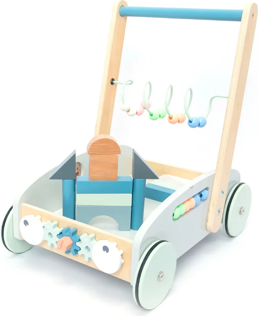 Déambulateur Éducatif en Bois Bleu 5-en-1 avec Roues Silencieuses UMU®