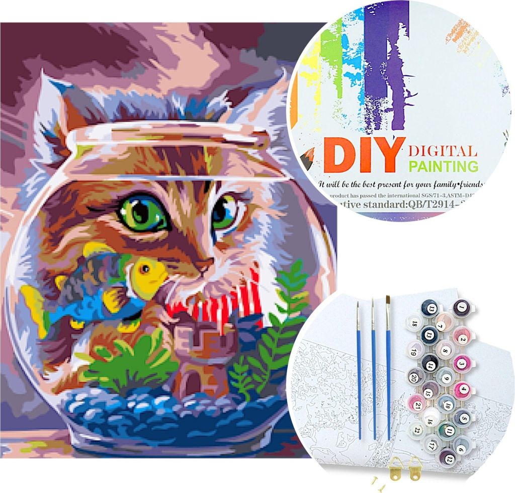 Malen nach Zahlen Katze auf der Jagd nach Fischen in einem Aquarium | W6577