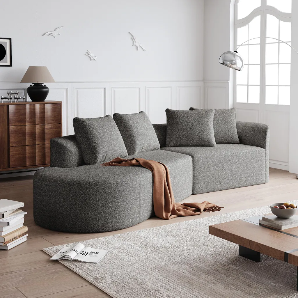 Canapé d'angle convertible 4 places en chenille douce gris clair