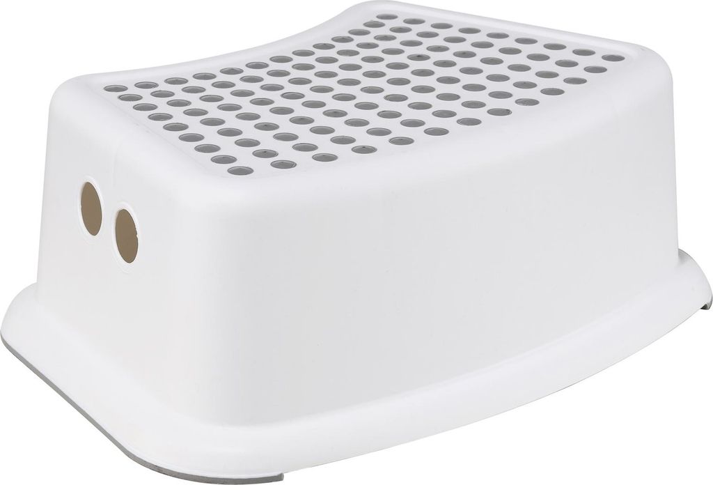 A white plastic step stool with a gray perforated top surface.