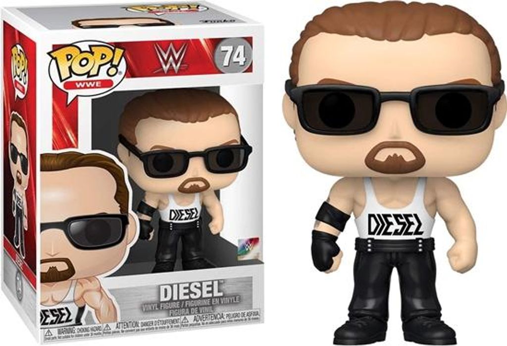 A Funko Pop! vinyl figure of the wrestler Diesel, shown both in its packaging and outside of it.