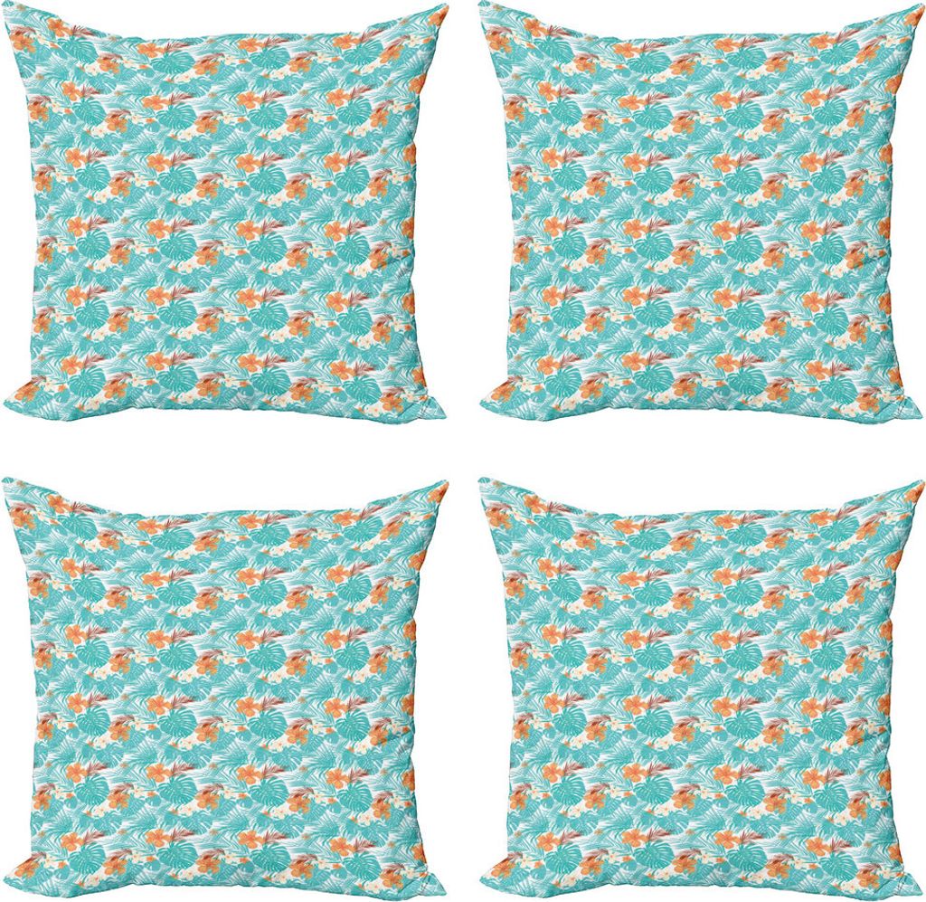ABAKUHAUS Aloha Kissenbezug Set (4 Stück), Sommer-Szene Palmen Hibiscus, Moderner Doppelseitiger Digitaldruck, 45 cm x 45 cm, Orange Türkis