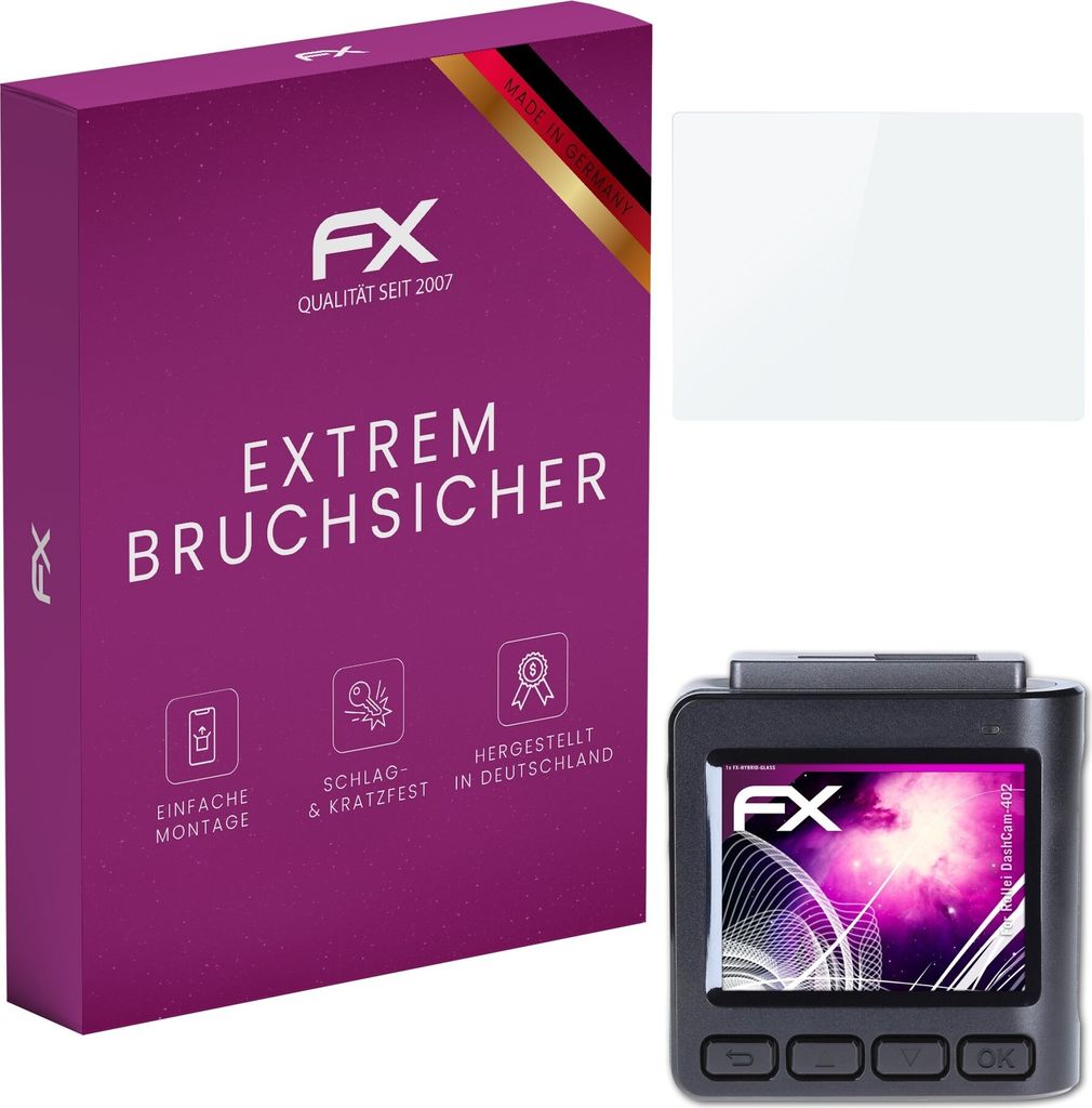 atFoliX FX-Hybrid-Glass Displayfolie kompatibel mit Rollei DashCam-402 Glasfolie