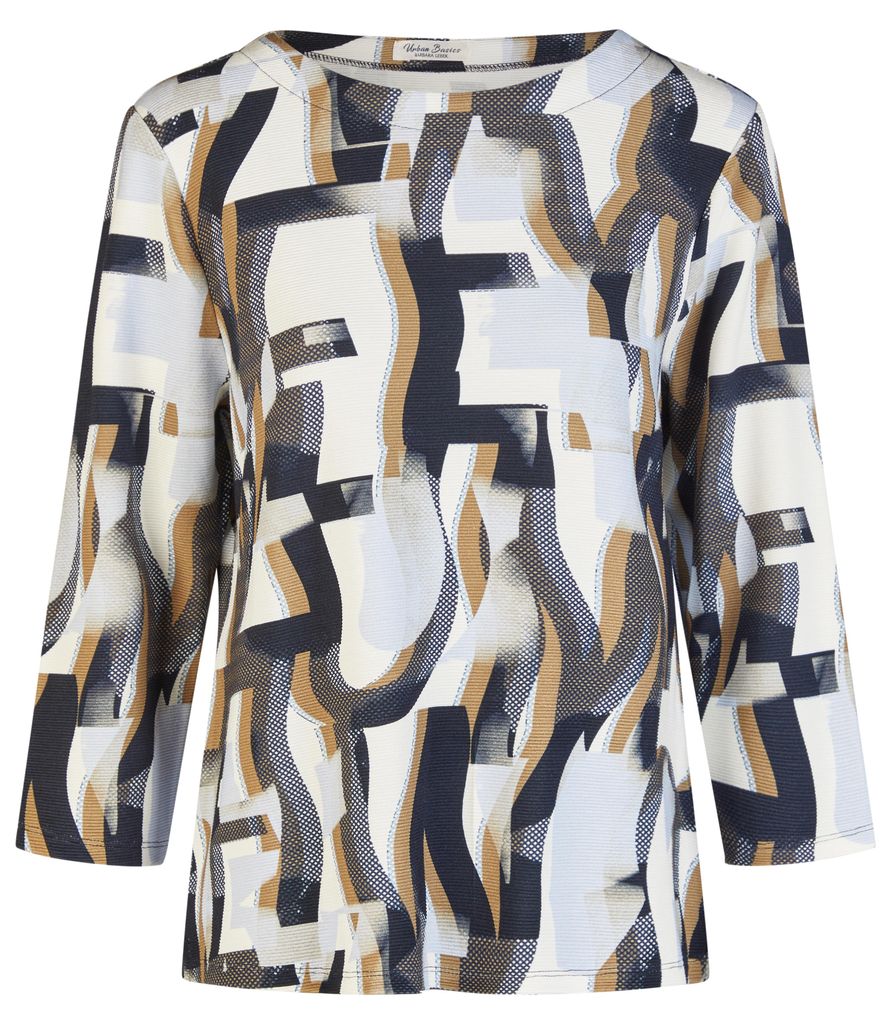 Damen T Shirt 3 4 Arm Viskose Mix blau mit grafischem Muster